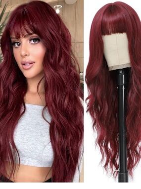 Burgundy Wig with Bangs for Women Long Burgundy Wavy Wigs 26 Inch